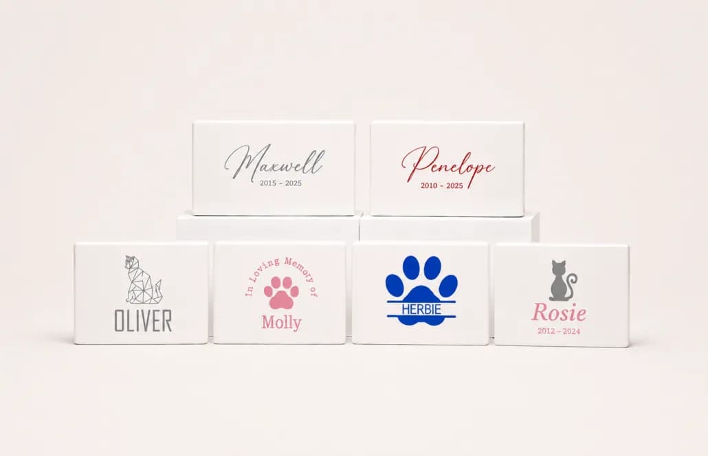 A selection of personalised memorial boxes created by Resting Paws Pet Cremation, offering owners a special keepsake in memory of their beloved pets.